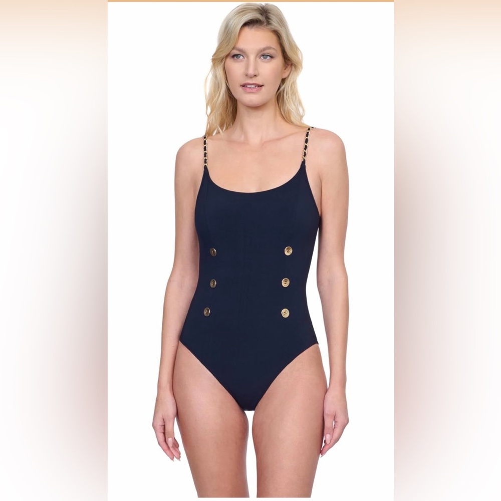 Gottex Navy One-Piece Swimsuit with Chain-Strap and Gold Buttons Luxury